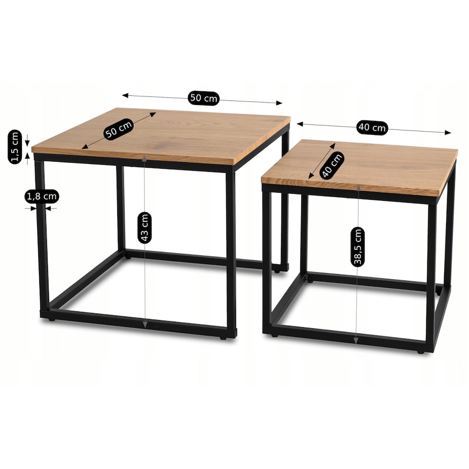 Stolik Kawowy Kwadratowy Zestaw 2w1 Ława Loft Czarny Dąb Złoty CARMI