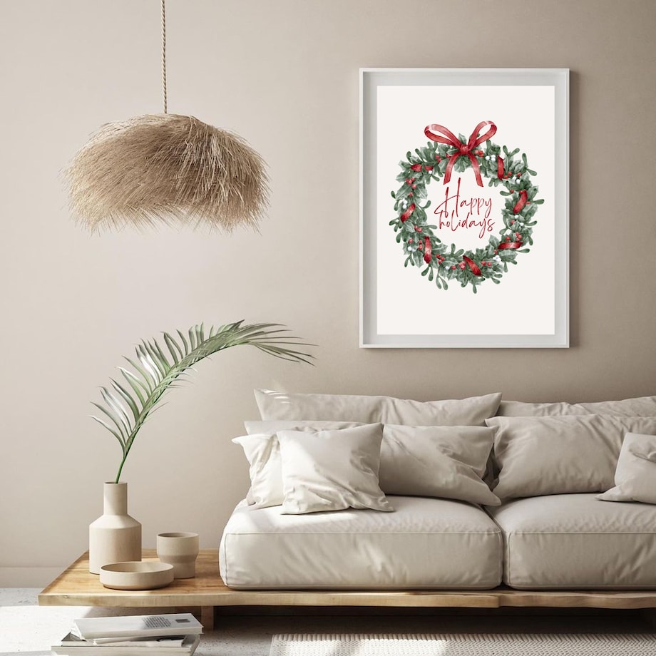 Poster Story, Plakat, Obraz - Wieniec Świąteczny Happy Holidays, wymiary 21 x 30 cm