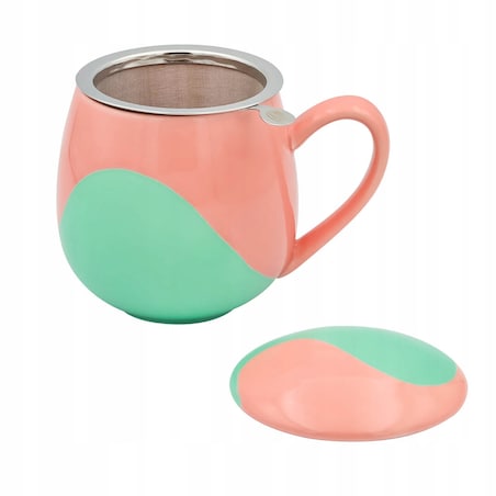 KUBEK PORCELANOWY NA KAWĘ HERBATĘ ZIELONO-RÓŻOWY 350ML Z ZAPARZACZEM I POKRYWKĄ PREZENT UPOMINEK DLA KOBIETY MAMY ŻONY BABCI DZIEWCZYNY KOLEŻANKI NIEJ