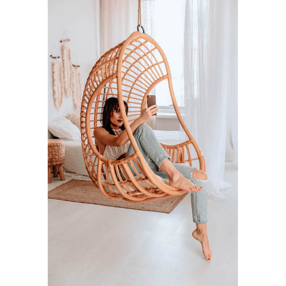 WISZĄCY FOTEL HUGO ZE STELAŻEM NATURALNY