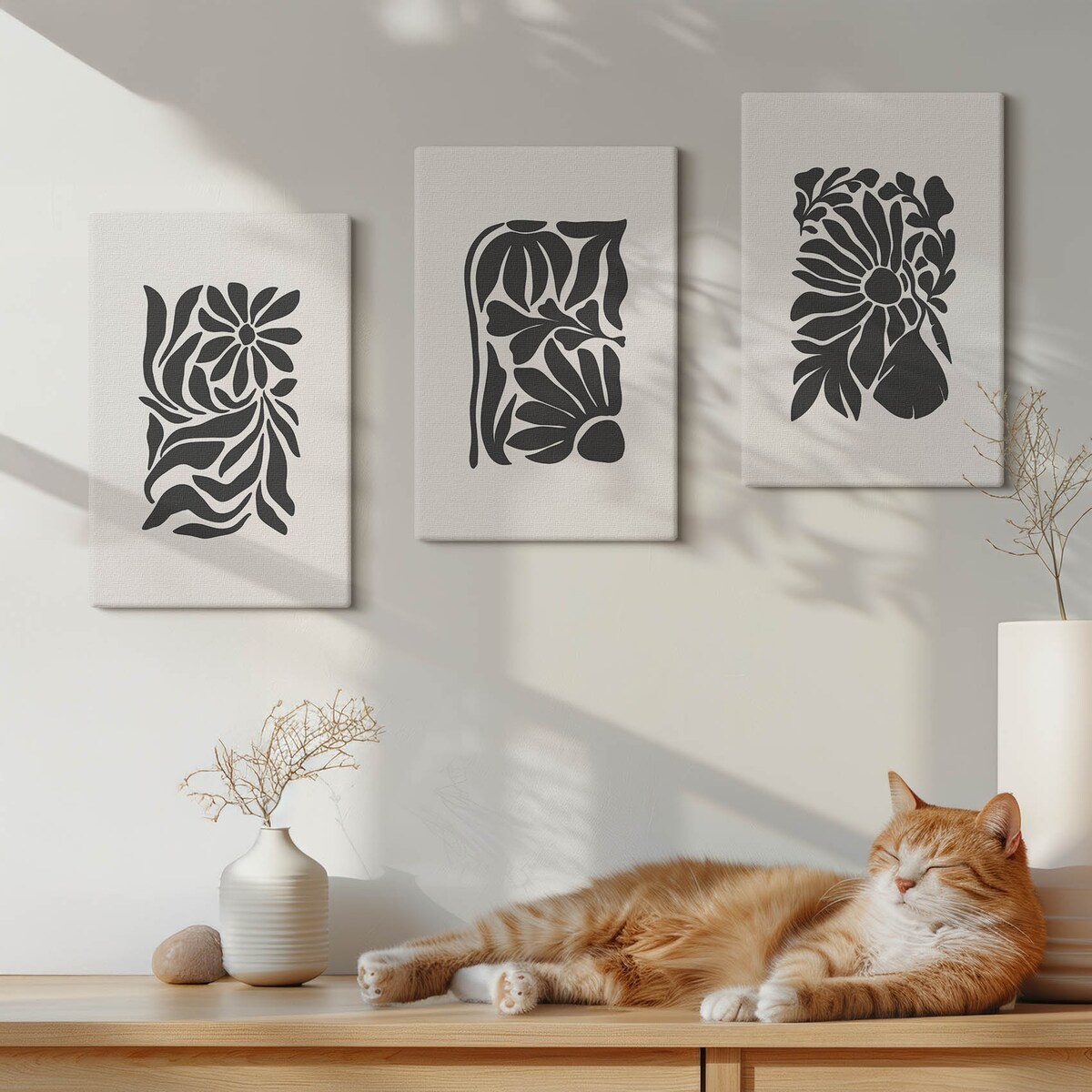 Zestaw 3 małych obrazów na płótnie - Abstrakcyjne roślinne wzory boho - czarno-biały