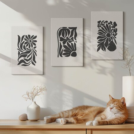 Zestaw 3 małych obrazów na płótnie - Abstrakcyjne roślinne wzory boho - czarno-biały