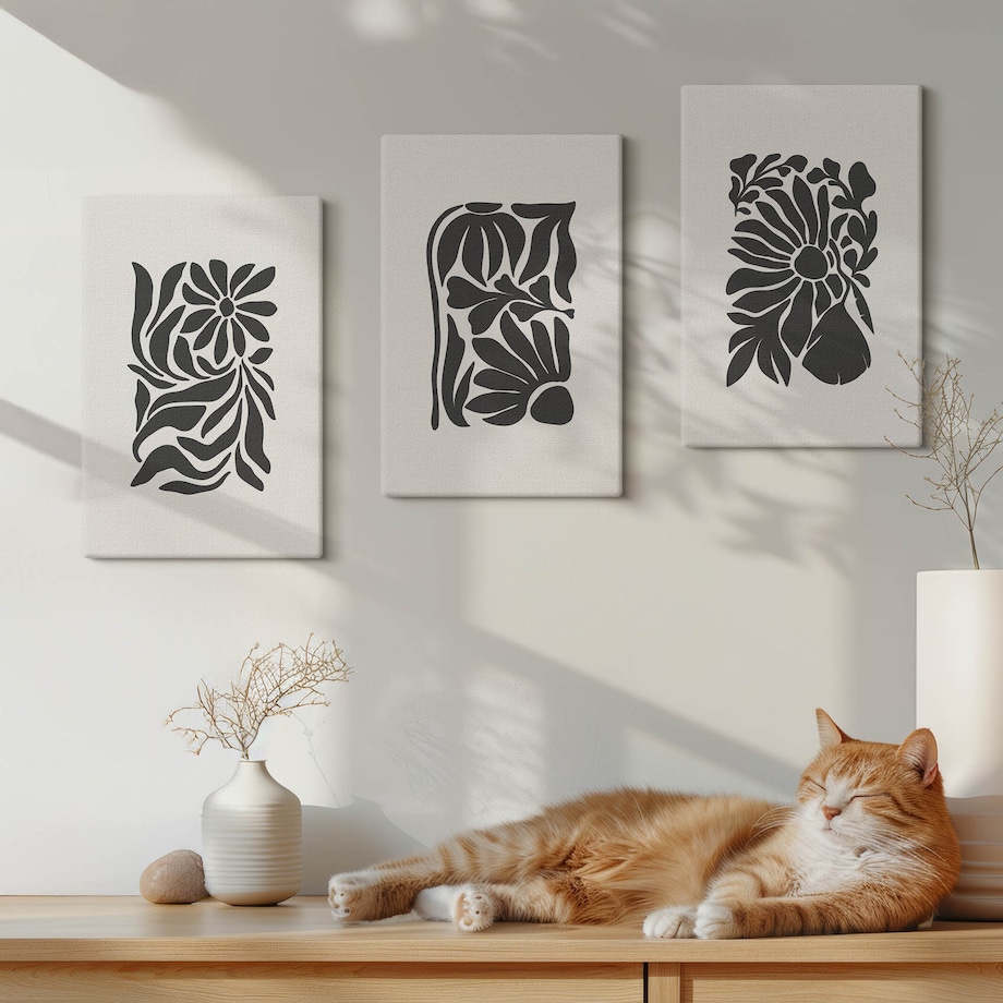 Zestaw 3 małych obrazów na płótnie - Abstrakcyjne roślinne wzory boho - czarno-biały