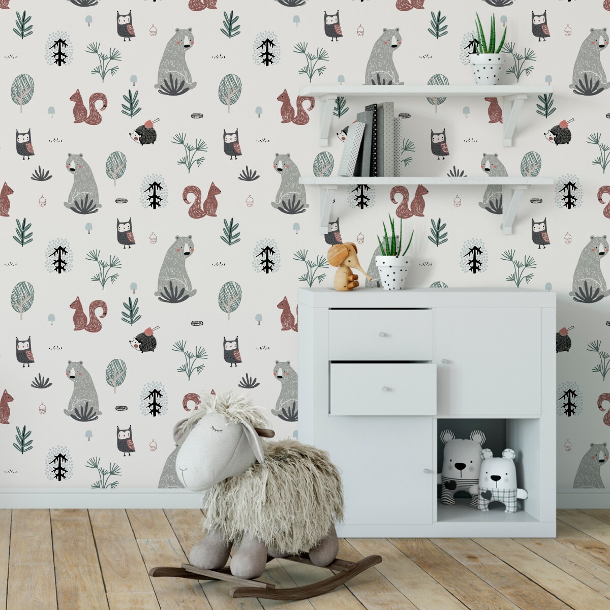 Tapeta Dziecięca MISIE Sowy Wiewiórki Jeże Drzewa