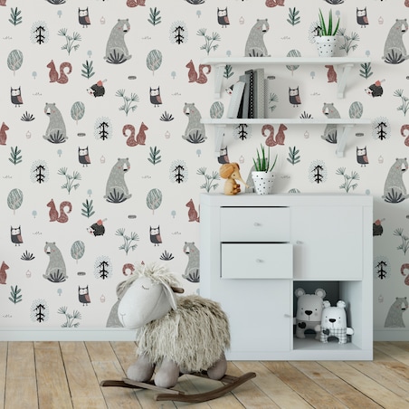 Tapeta Dziecięca MISIE Sowy Wiewiórki Jeże Drzewa