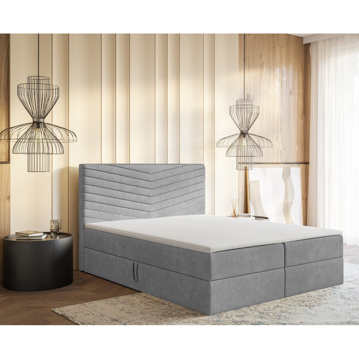 Łóżko kontynentalne G4 do sypialni 160x200 z pojemnikiem i materacem- szare
