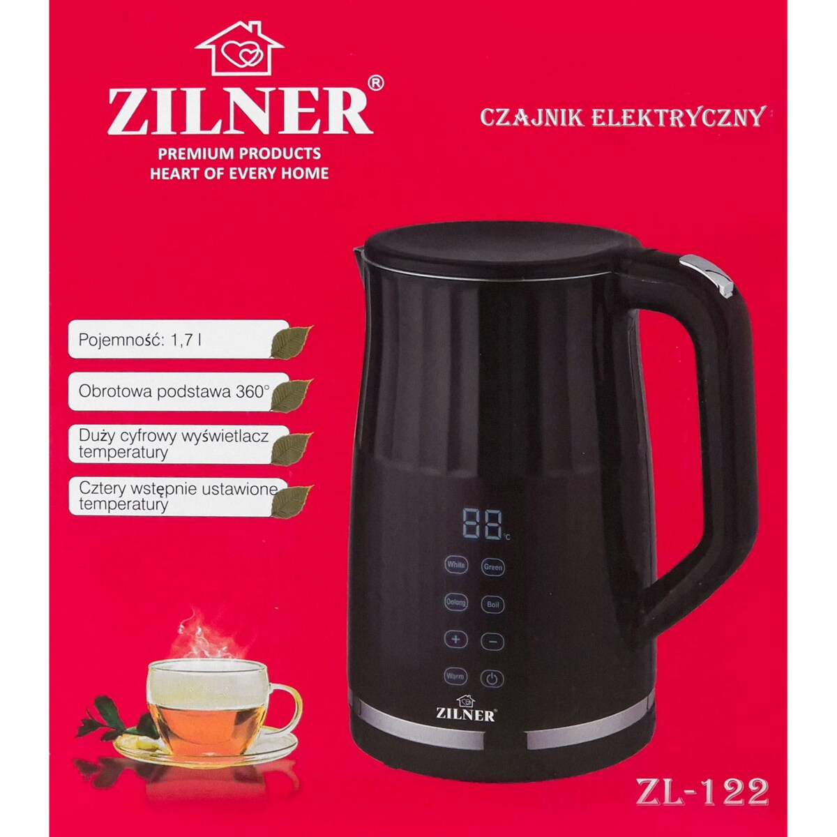 Czajnik elektryczny z regulacją temperatury czarny 1.7L 2200W ZILNER