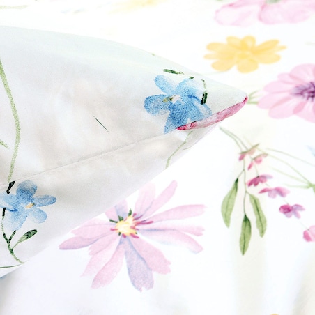 Pościel satyna bawełniana 140x200 Vellia biała w pastelowe kolorowe kwiaty akwarelowe, Satynlove