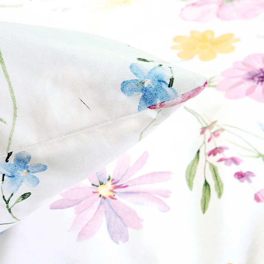 Pościel satyna bawełniana 140x200 Vellia biała w pastelowe kolorowe kwiaty akwarelowe, Satynlove