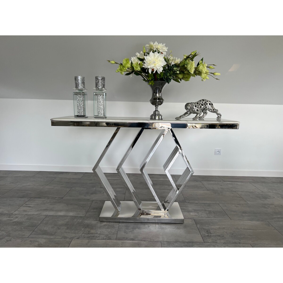 Konsola nowojorska srebrna z kamiennym blatem marmurowym Alis Premium 140x40x83