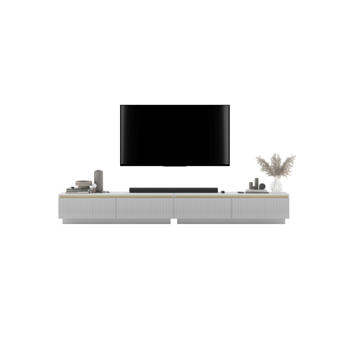 Nowoczesna Szafka RTV Glamour Komoda RTV Biały Mat 280 cm ryflowane fronty