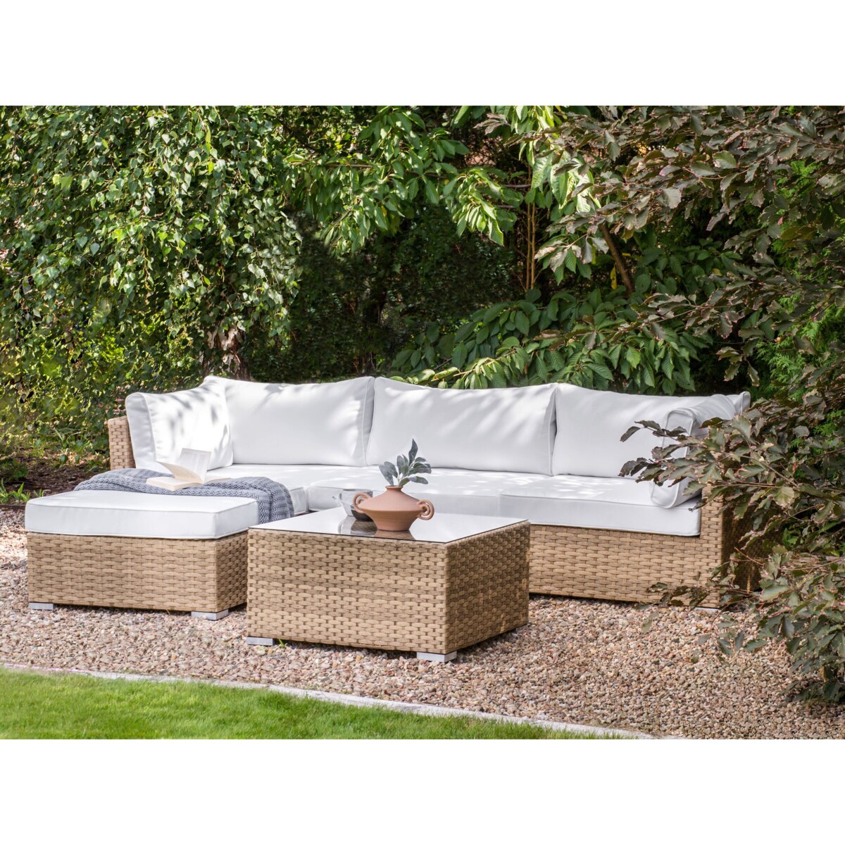 Narożnik ogrodowy ze stolikiem dla 4 osób SANO Prawostronny Modułowy Technorattan Naturalny