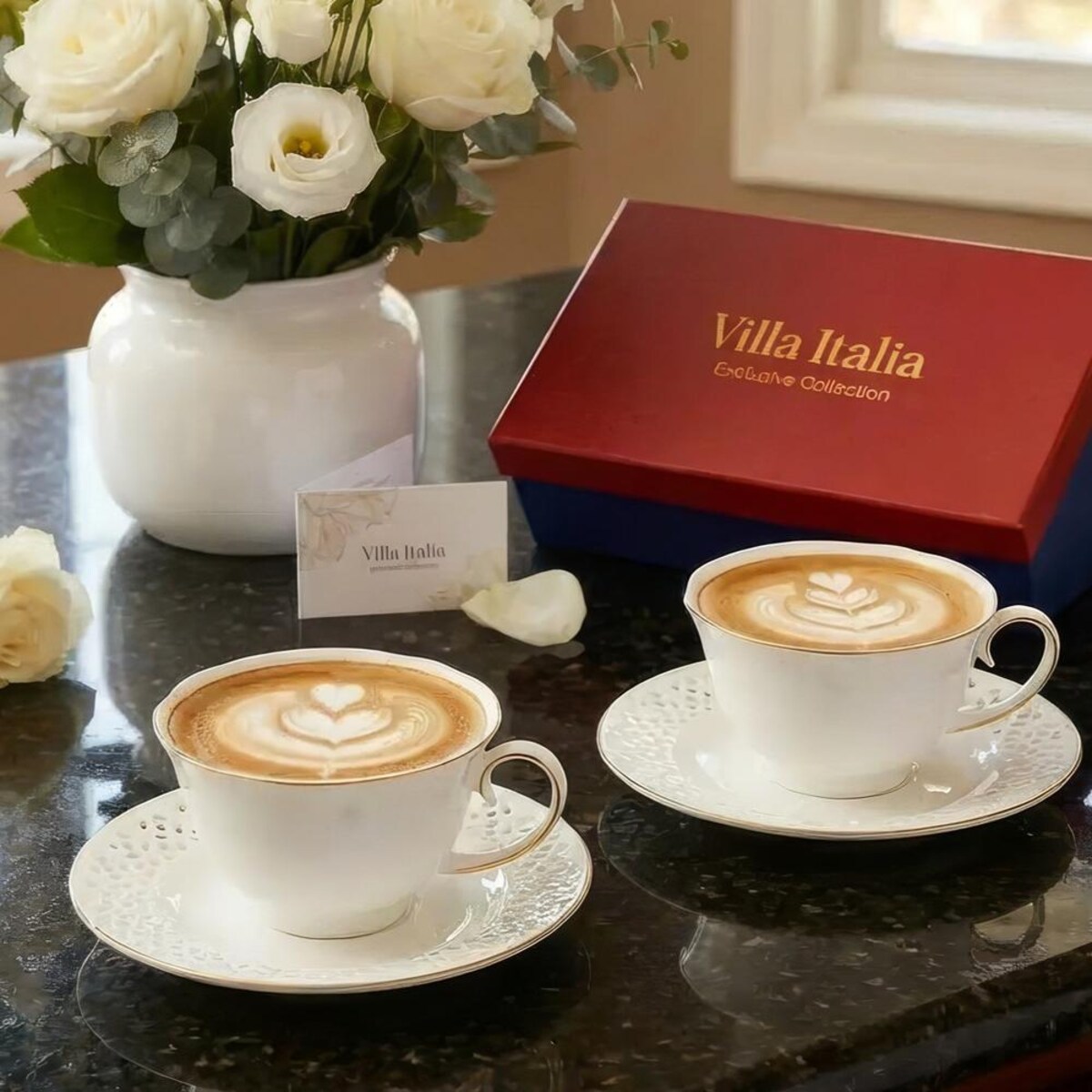 VILLA ITALIA Komplet filiżanek porcelanowych 2 sztuki Zestaw prezentowy ROMANTICA