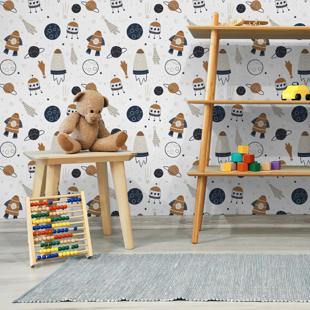 Tapeta Dziecięca KOSMOS Rakiety Planety Gwiazdy