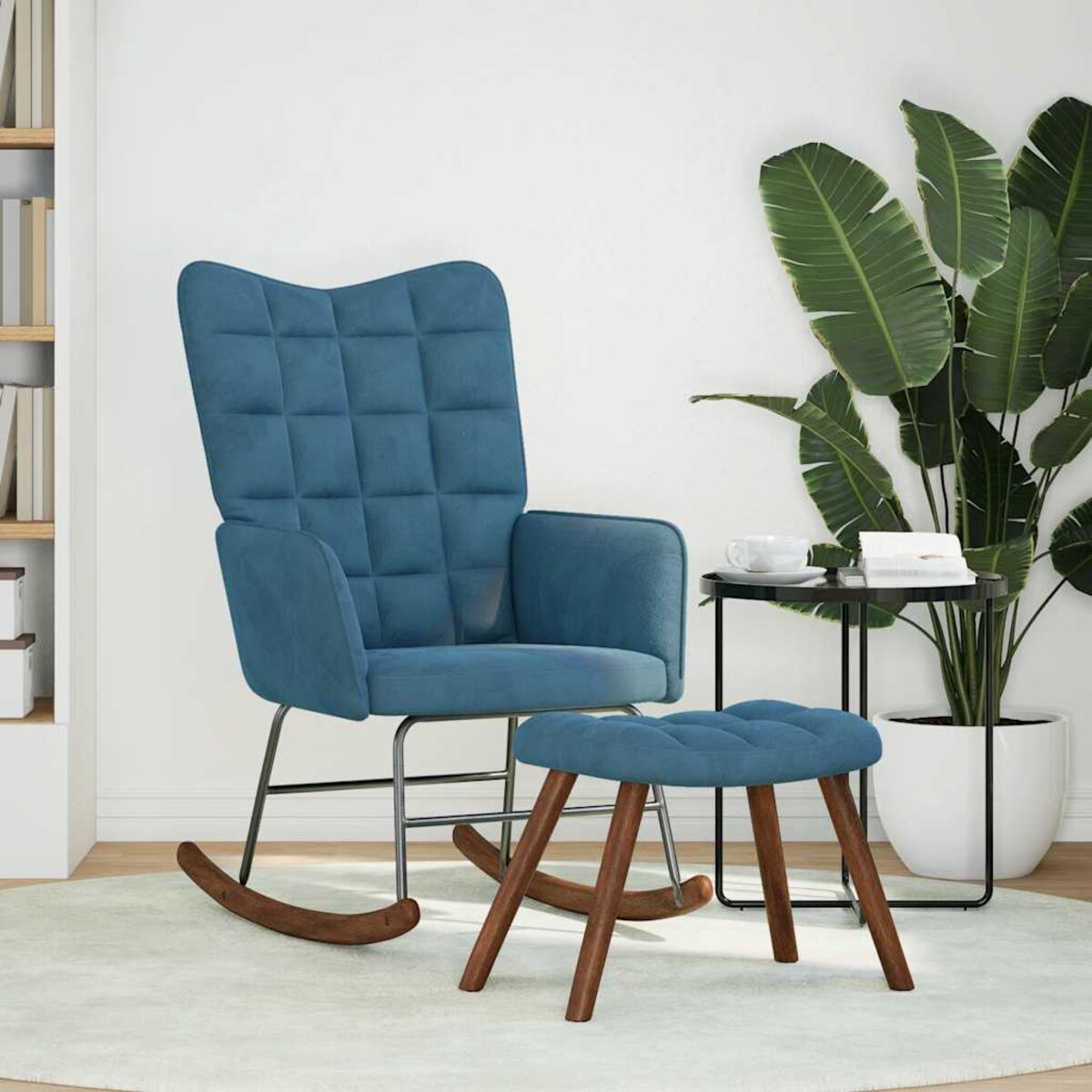 vidaXL Fotel bujany ze stołkiem niebieski aksamit