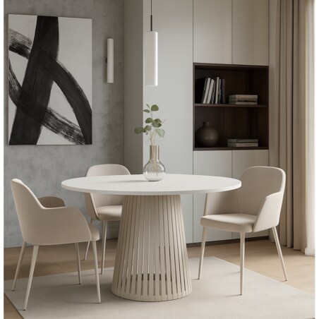 Stół VIV okrągły z lamelami do salonu, blat 110 cm biały -podstawa kaszmir