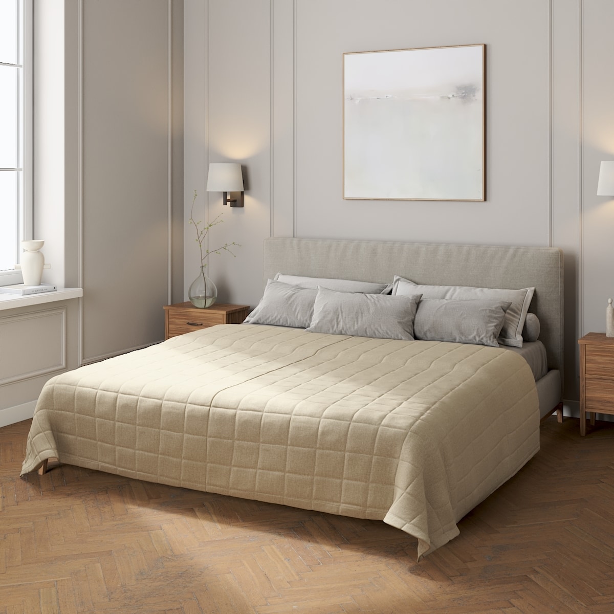 Narzuta pikowana w kratę 130x210 szaro-beżowy szenil