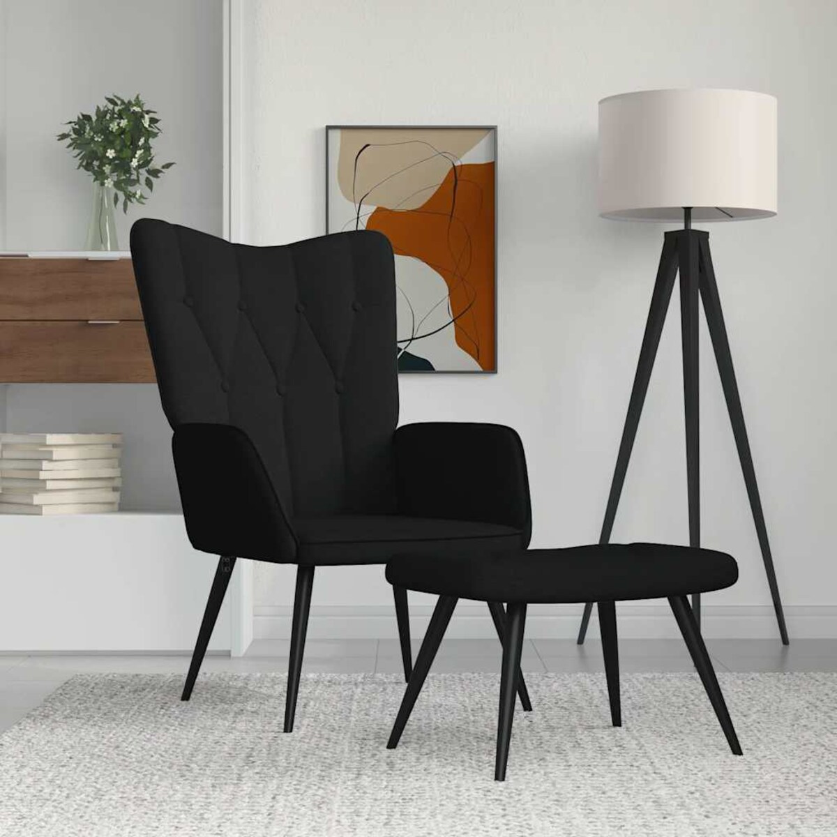 vidaXL Fotel z podnóżkiem, czarny, obity tkaniną