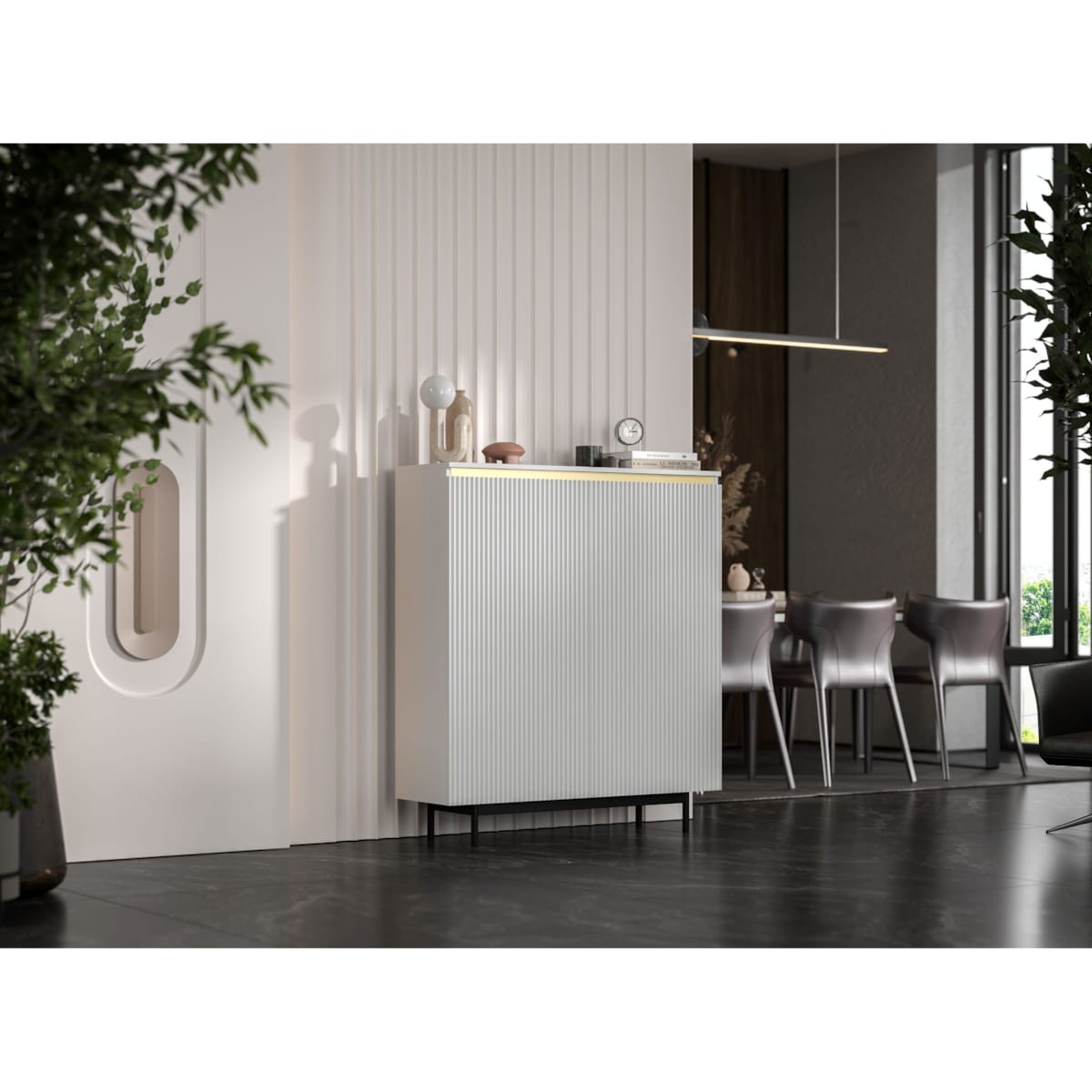 Komoda RTV Glamour 111 cm biała matowa ryflowane fronty czarna rama