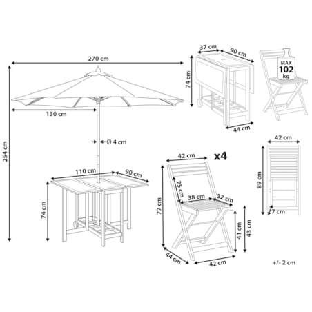 Zestaw ogrodowy dla 4 osób FRASSINE z parasolem (12 opcji do wyboru) Drewno akacjowe Naturalny