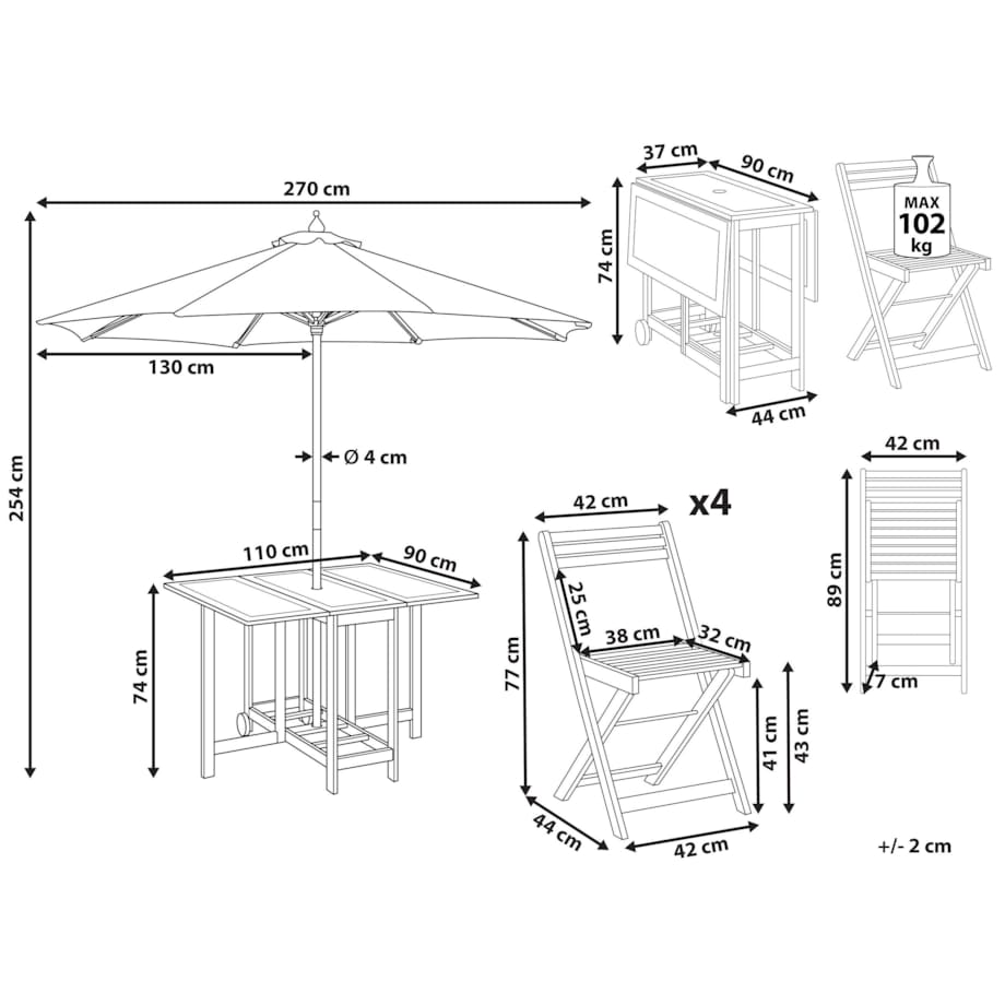 Zestaw ogrodowy dla 4 osób FRASSINE z parasolem (12 opcji do wyboru) Drewno akacjowe Naturalny