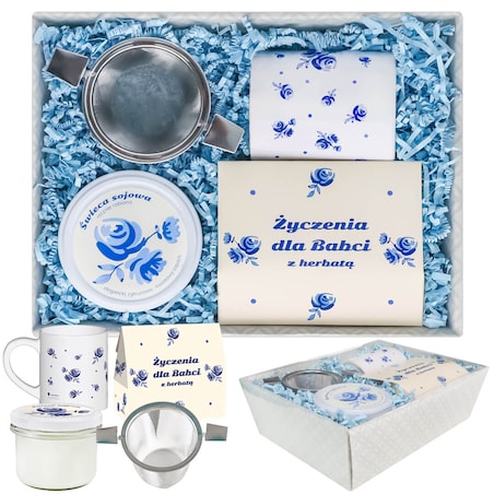 Gotowy zestaw prezentowy „Życzenia dla Babci” herbata sypana PREMIUM mix 5 smaków w saszetkach zaparzacz kubek świeca prezent upominek na Dzień Babci