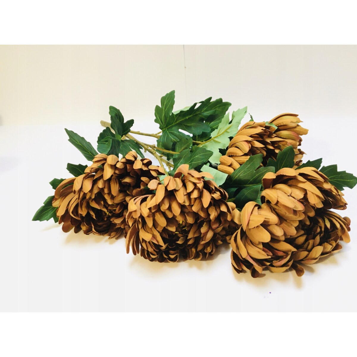 BUKIET DUŻY chryzantemy brązowe sztuczne LIŚCIE do flakonu na cmentarz grób