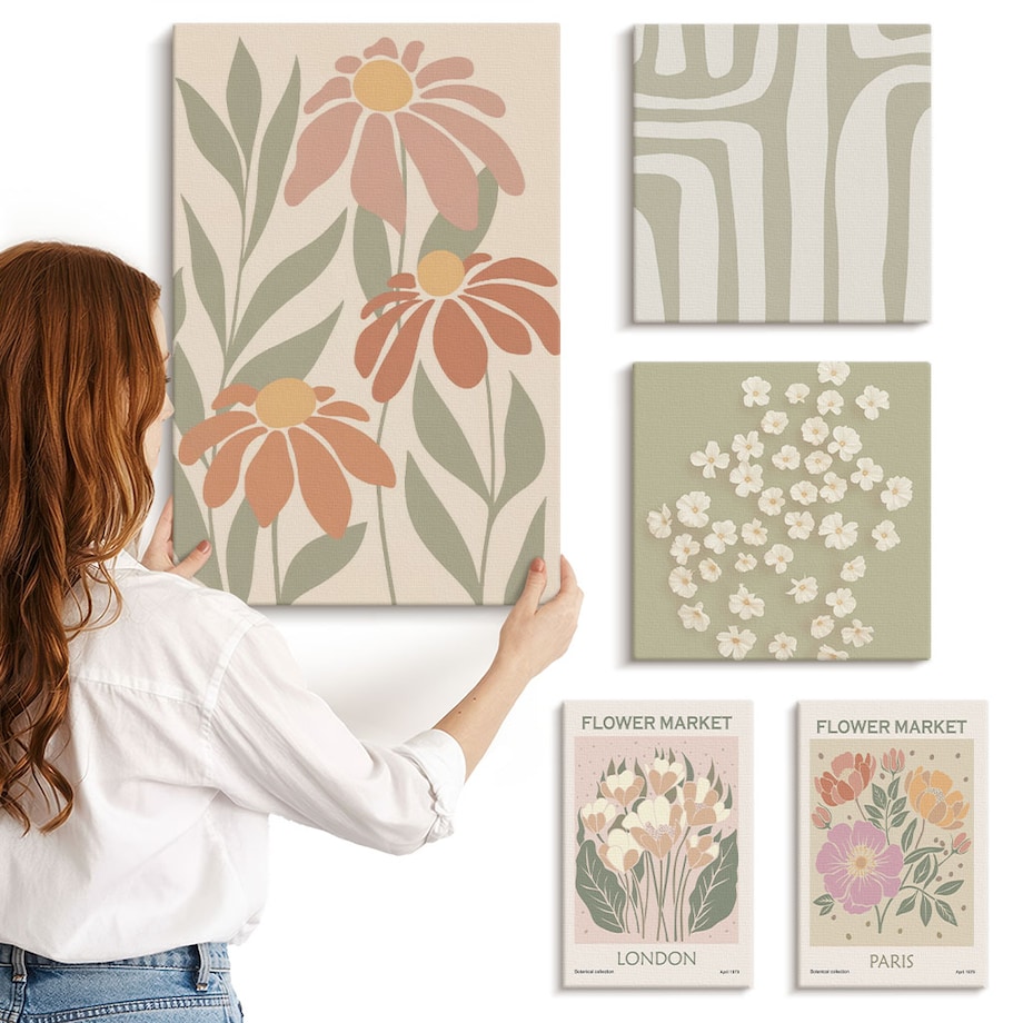 Zestaw 5 obrazów na płótnie - Kwiatowe wzory Londyn Paryż boho - zielony