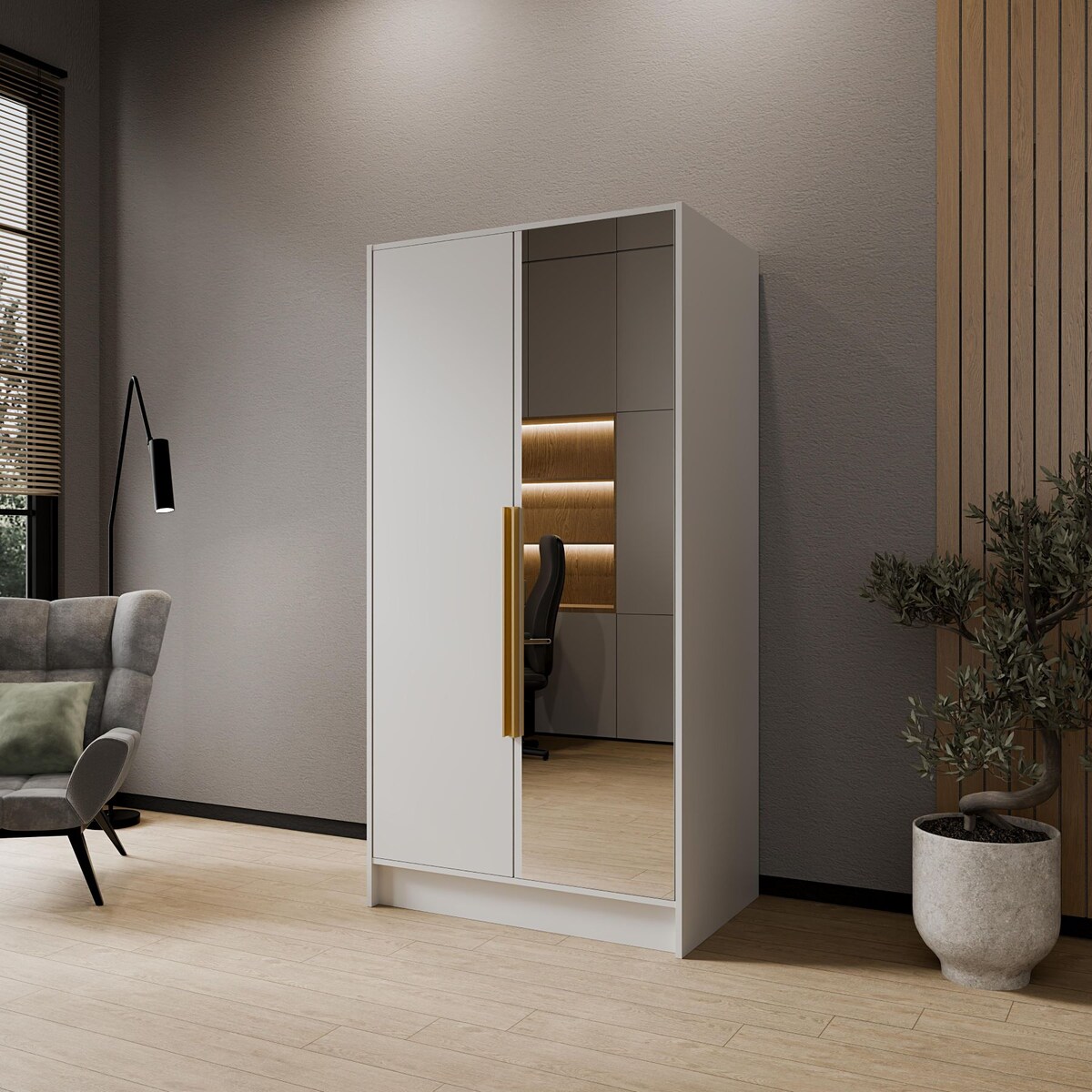 Szafa 100 gładka LUSO z lustrem i złotymi uchwytami, biała