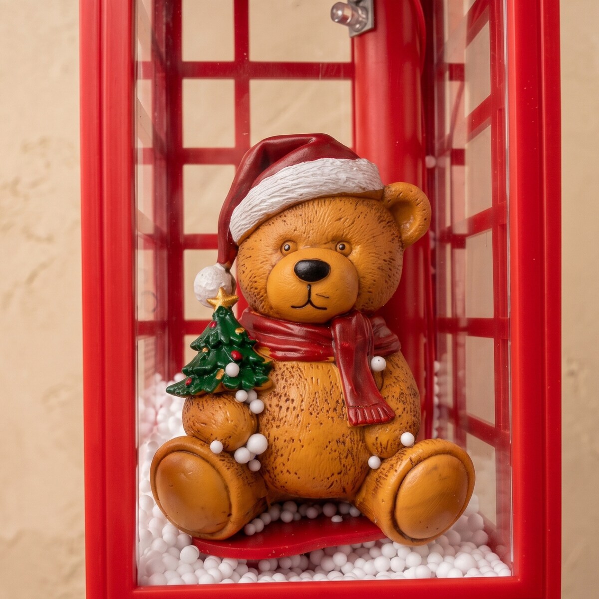 Budka telefoniczna świąteczna z LED, efektem śniegu i melodią, 10,5 x 10,5 x 25 cm