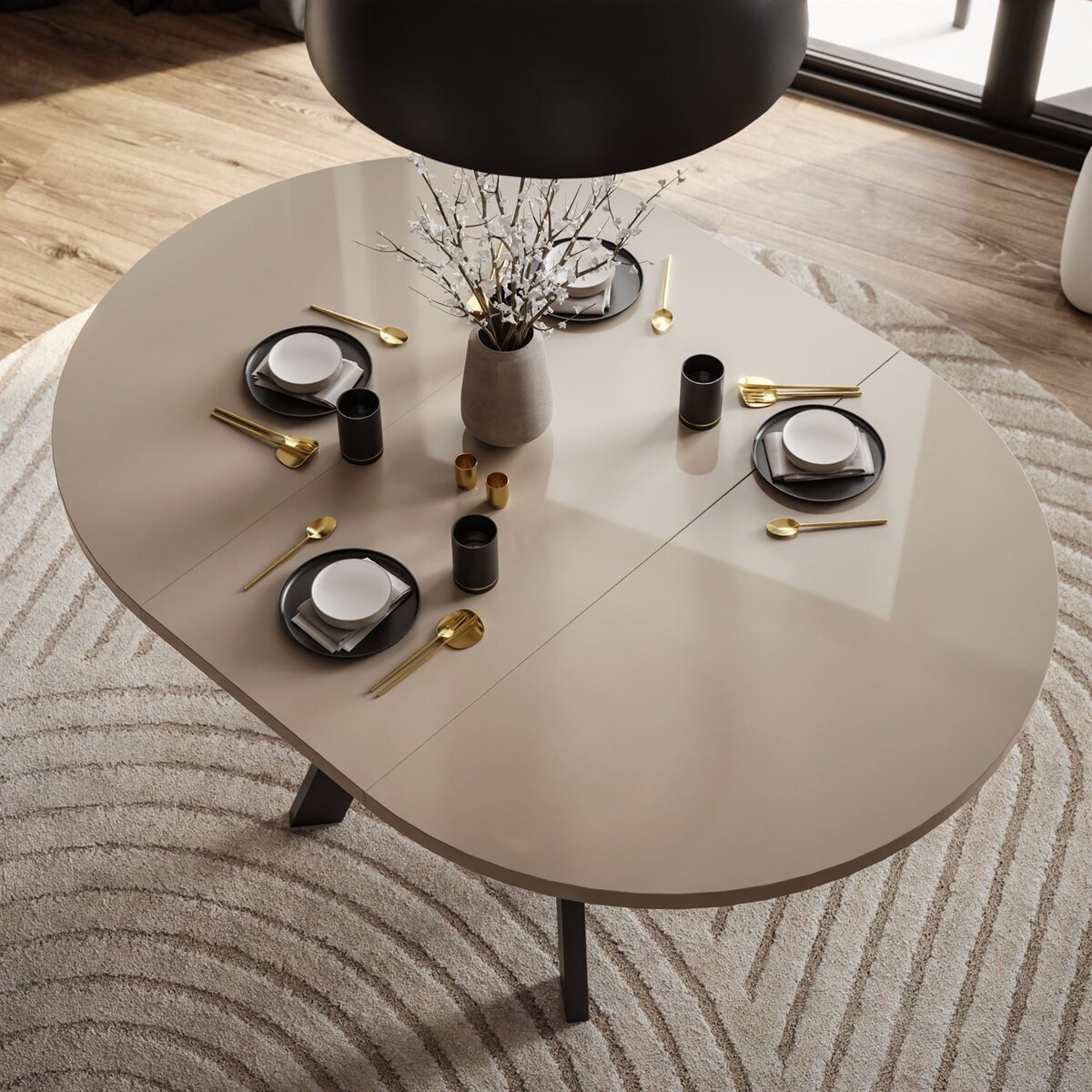Okrągły stół rozkładany VOLTA GLOSS, nogi czarne, blat kaszmir