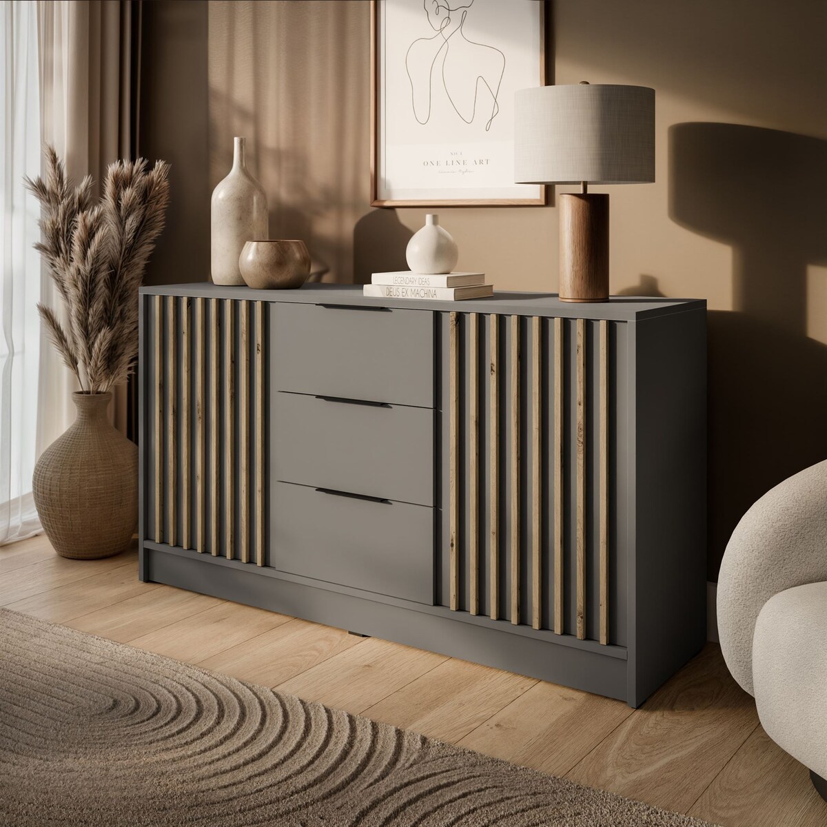 Dwudrzwiowa komoda NELA z lamelami, szary + dab artisan