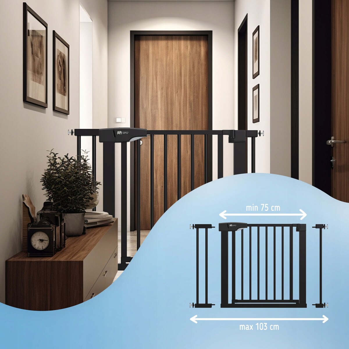 bramka na schody zabezpieczająca, barierka ochronna, sipo, 75-103 cm, czarna