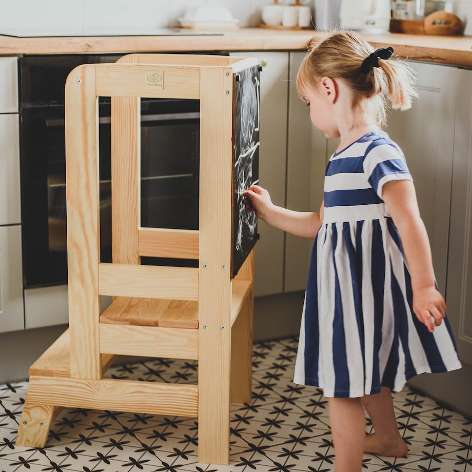 MeowBaby® Kitchen Helper z Tablicą Drewniany Pomocnik Kuchenny dla Dziecka, Niebieski