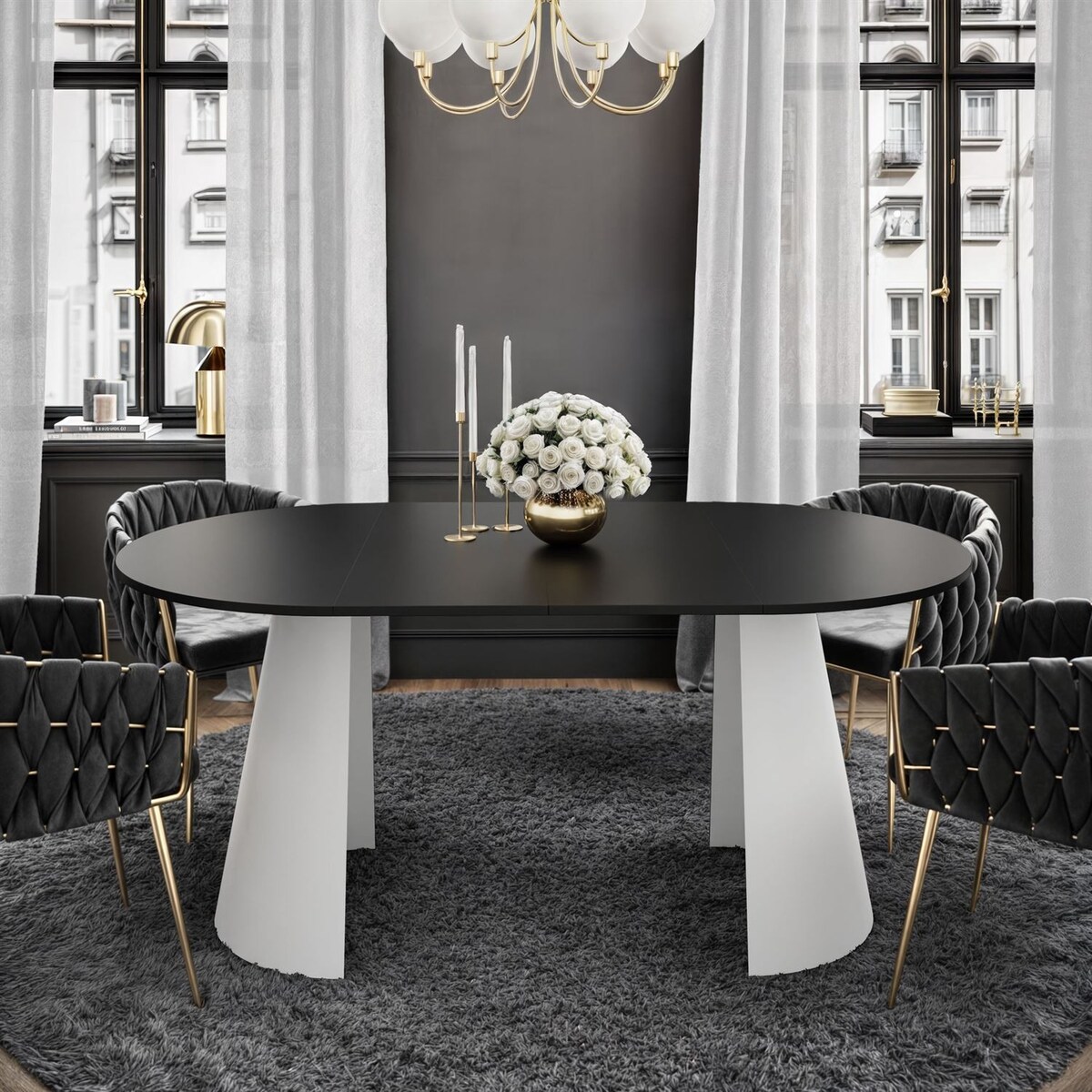 Okrągły stół rozkładany LAVA, średnica 120cm, biały / czarny mat
