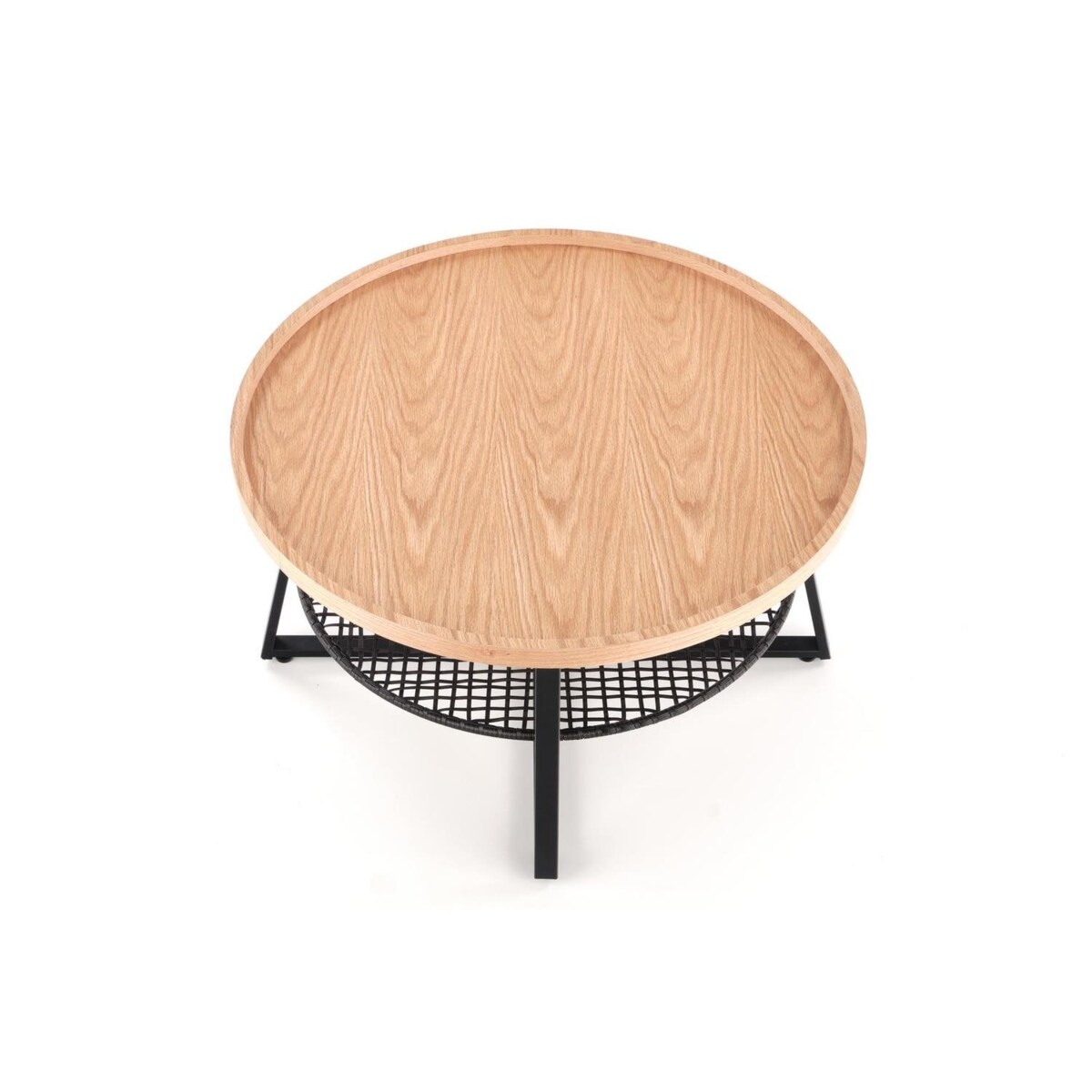 STOLIK KAWOWY Florence dąb OKRĄGŁY 80/45 cm półka z rattanu