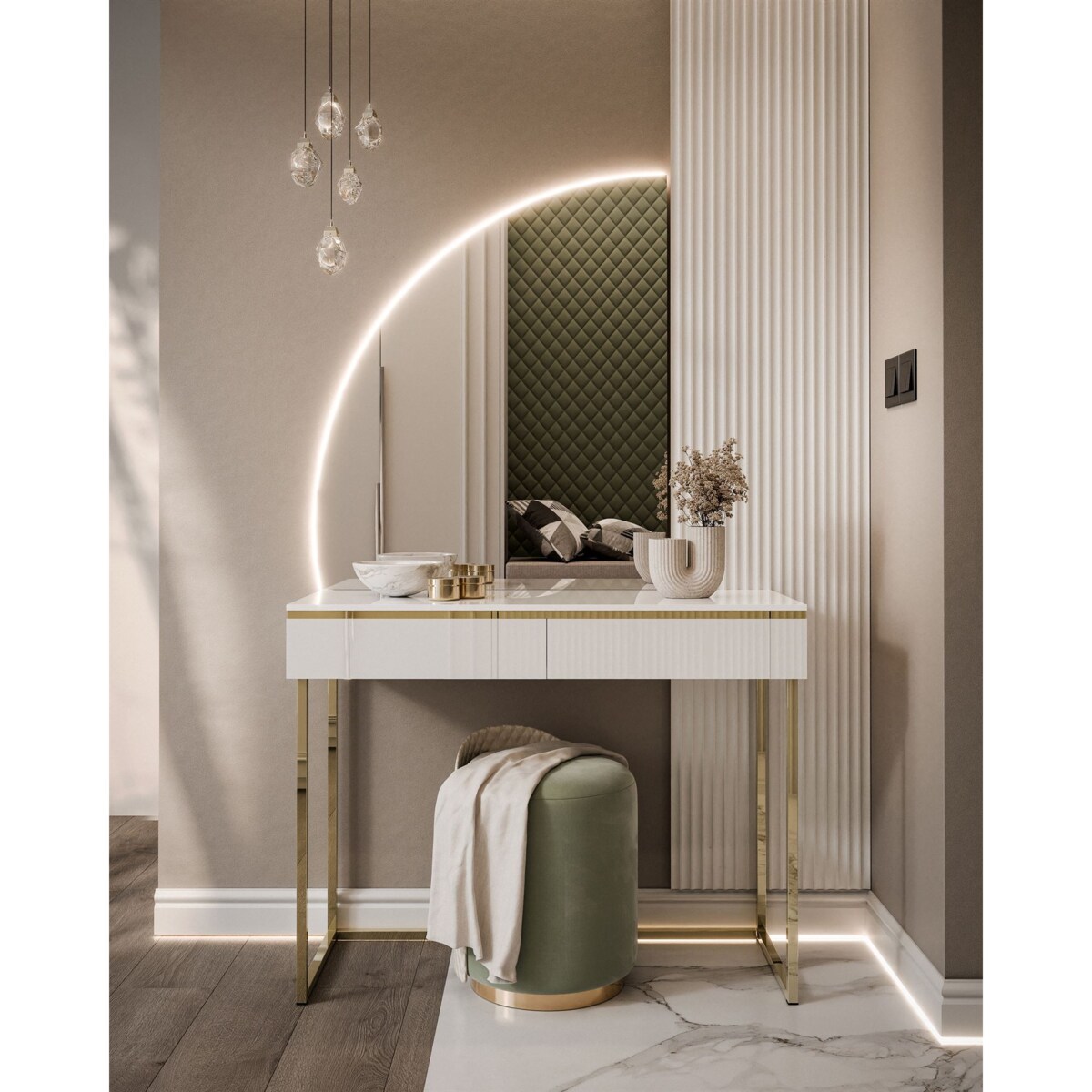 Toaletka AURORA-Q biały połysk na złotym stelażu lewe