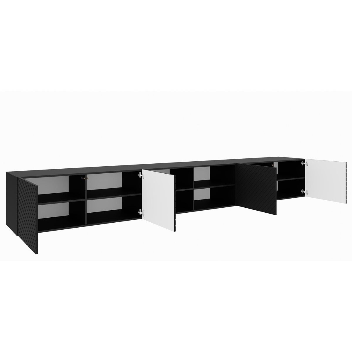 Szafka RTV NIKOL 300 cm pod telewizor, frezowane fronty, półki- czarna