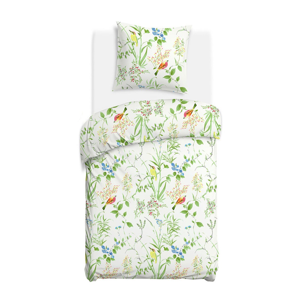 Pościel bawełniana 140x200 Verdelia biała w zielone kwiaty i kolorowe ptaki, Cottonlove