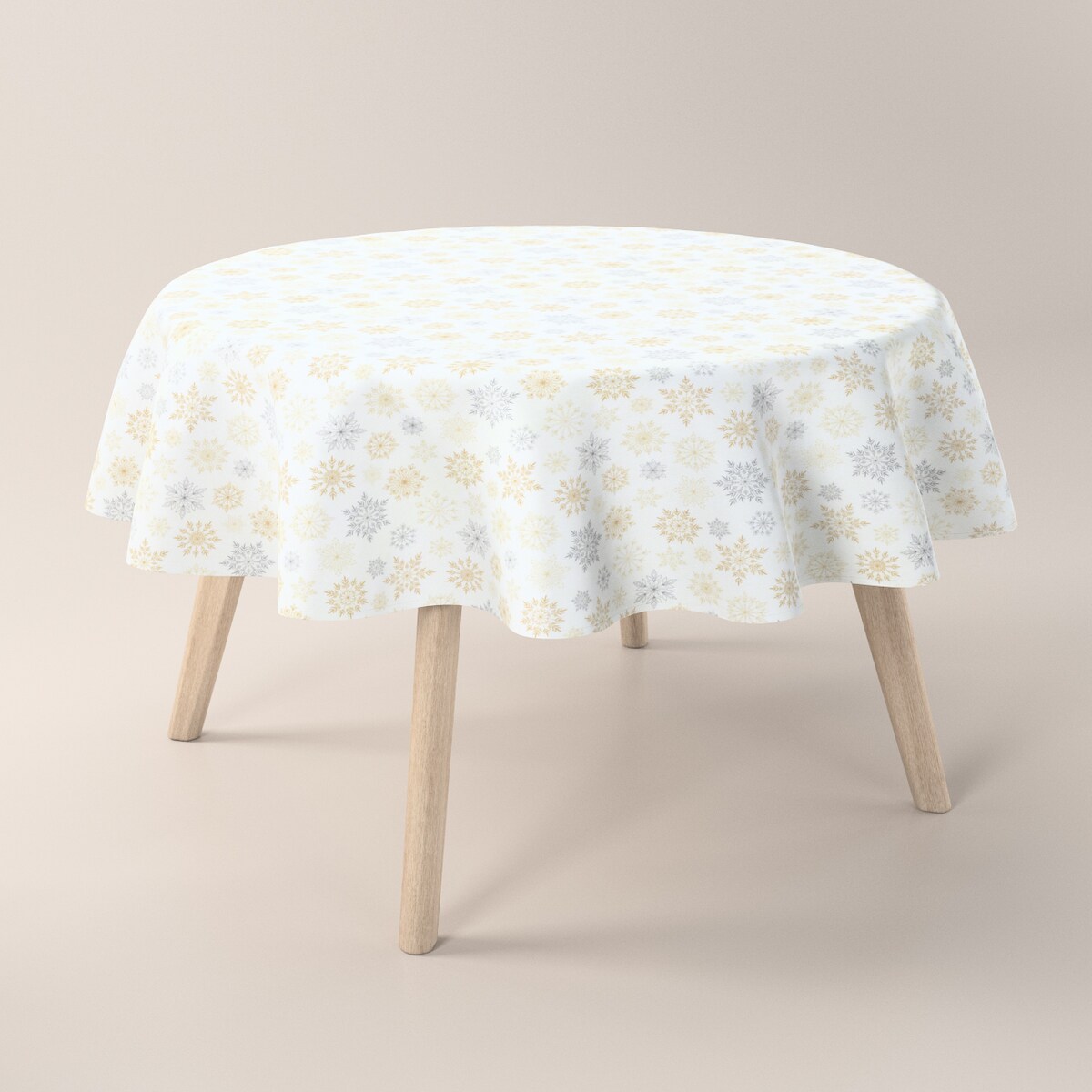 Obrus okrągły 160 x 160 cm złote, srebrne gwiazdy na białym tle