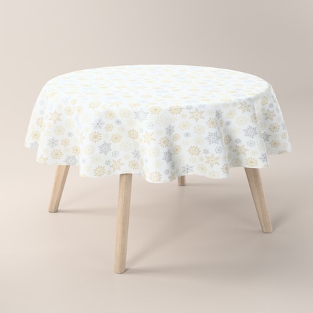Obrus okrągły 160 x 160 cm złote, srebrne gwiazdy na białym tle
