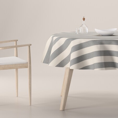Obrus okrągły 130 x 130 cm biało-szare pionowe pasy (5,5cm)