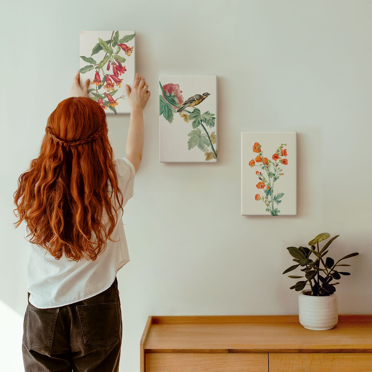 Zestaw 3 małych obrazów na płótnie - Malowane kwiaty i ptak - pomarańczowy