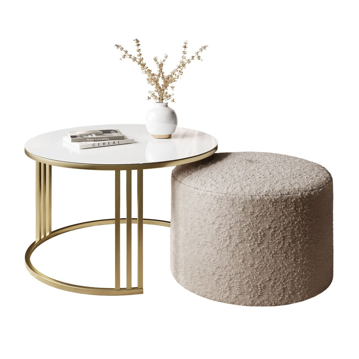 Stolik kawowy z pufą LORI GLASS złoto szczotkowane, białe szkło / Coral 50
