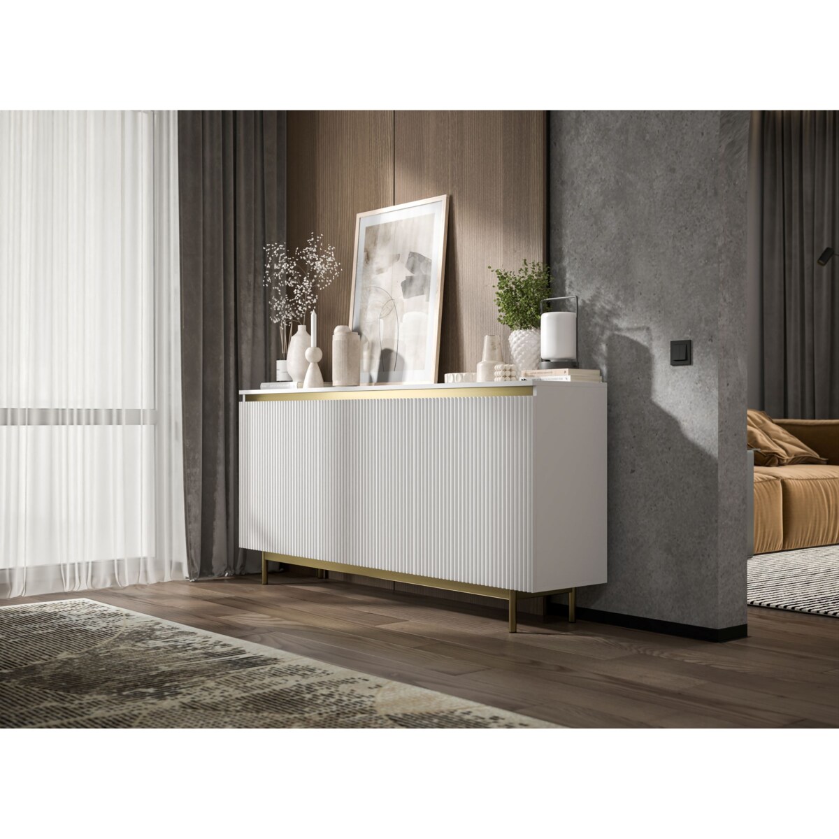 Komoda RTV Glamour 167 cm biała matowa ryflowane fronty złota rama