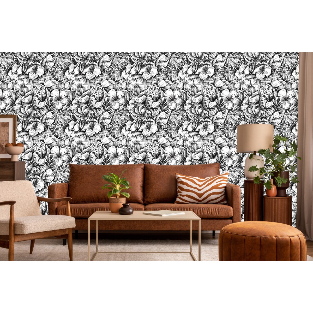 Tapeta Czarno-Białe Kwiaty i Liście