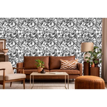 Tapeta Czarno-Białe Kwiaty i Liście