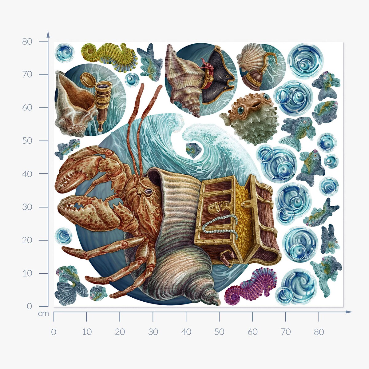 Zestaw naklejek na ścianę, Podwodny świat kraba, 80cm
