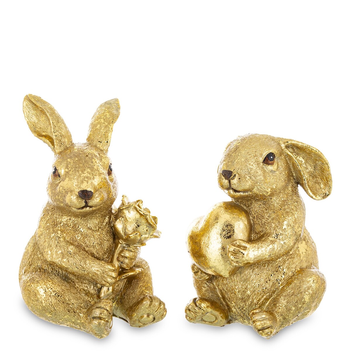 Dekoracja - Para siedzących złotych królików12x7,5x9 i 11x8x8 cm z różą i sercem