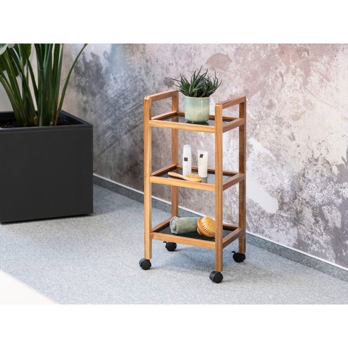 Mobilny regał z drewna akacji FONDI, 3 poziomy, wys. 76,5 cm